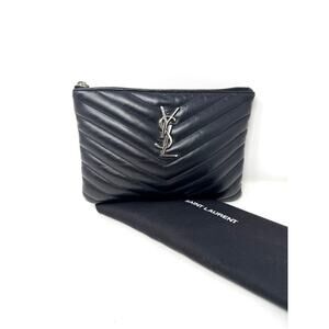 Saint Laurent YSL Jolie Black Quilted Chevron Leather Matelasse Pouch Clutch